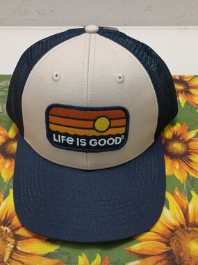 Life Is Good Trucker Sunrise Water Stripe Hat Navy And Bone Adjustable Mesh